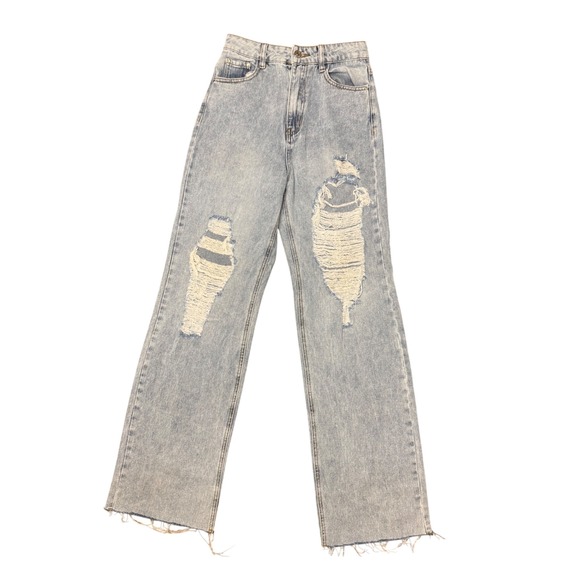 Boohoo Denim - Boohoo High Waisted Extreme Ripped Wide‎ Leg Jeans Light Wash Distressed Denim
